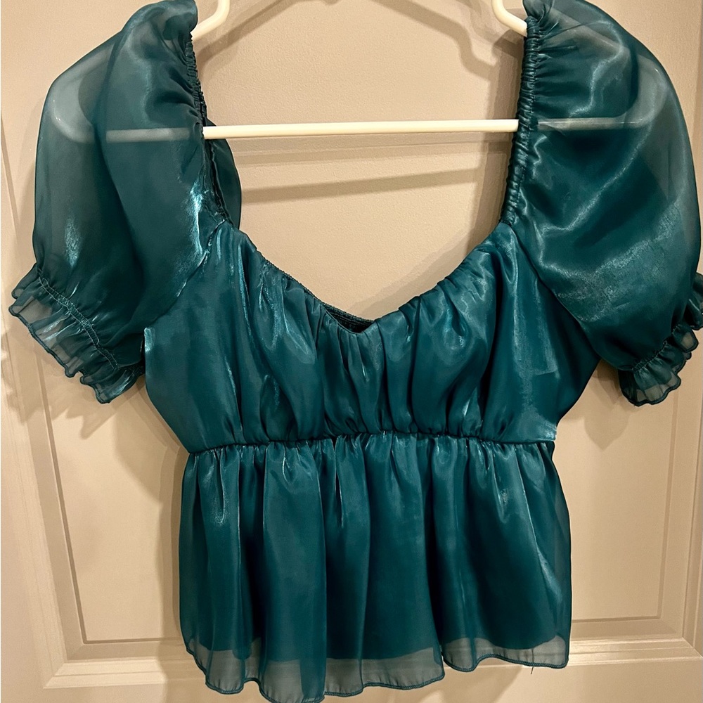 Thirty Thirty Baby Doll Style Dress Top w/Puff Sleeves Size M Teal